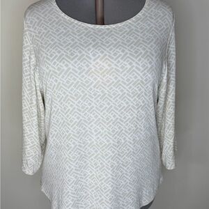 Chico's Travelers Blouse Womens 2 White Geometric Scoop Neck 3/4 Sleeve Top